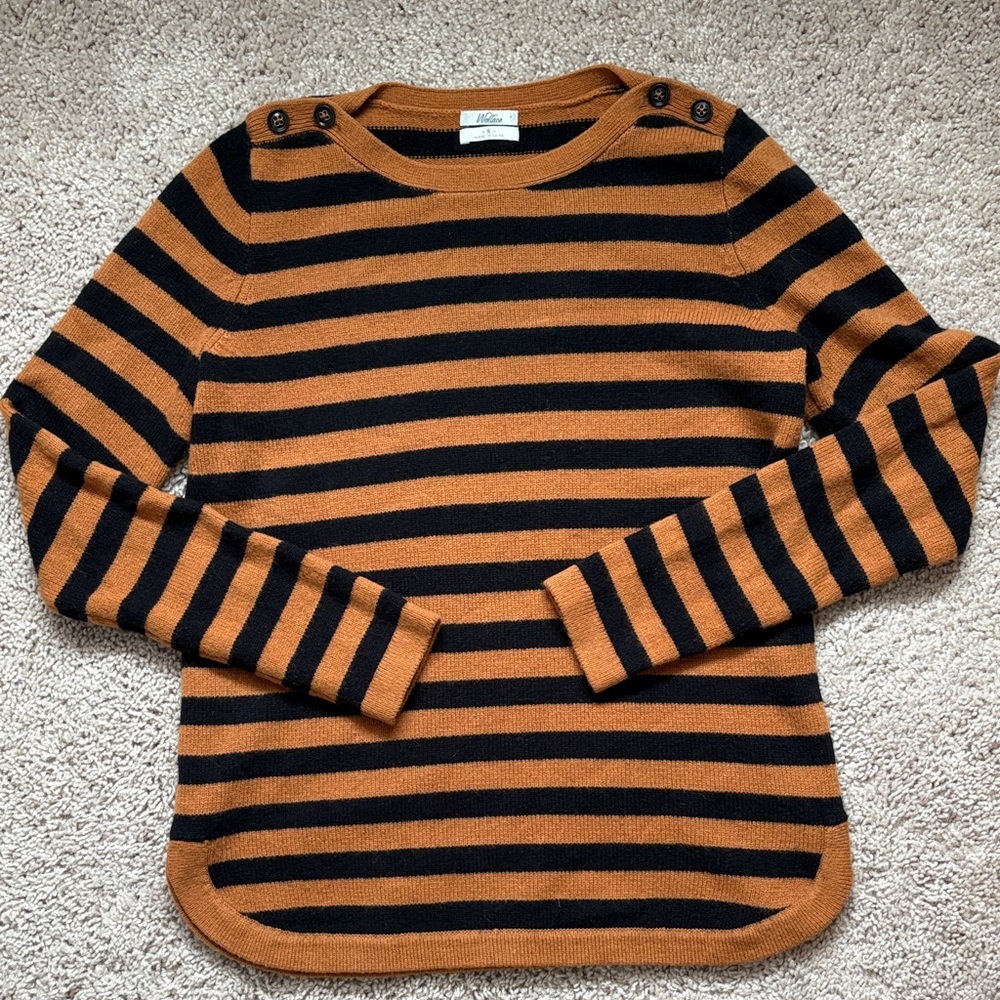 Striped Crew Neck Sweater with Button Accents